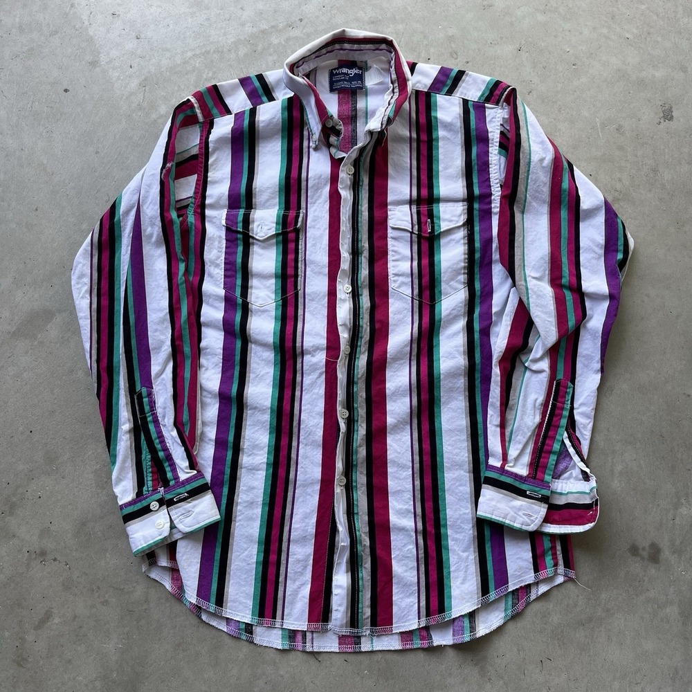 Wrangler Brushpopper Shirt Mens Medium Striped Cowboy Cut Long Tails Western USA